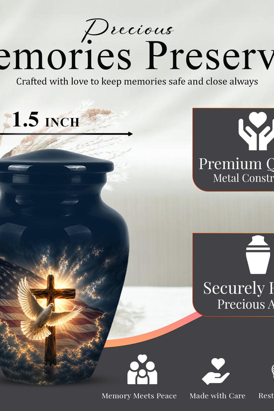 Personalized Christian Cremation Urn, American Flag Cross Memorial Keepsake