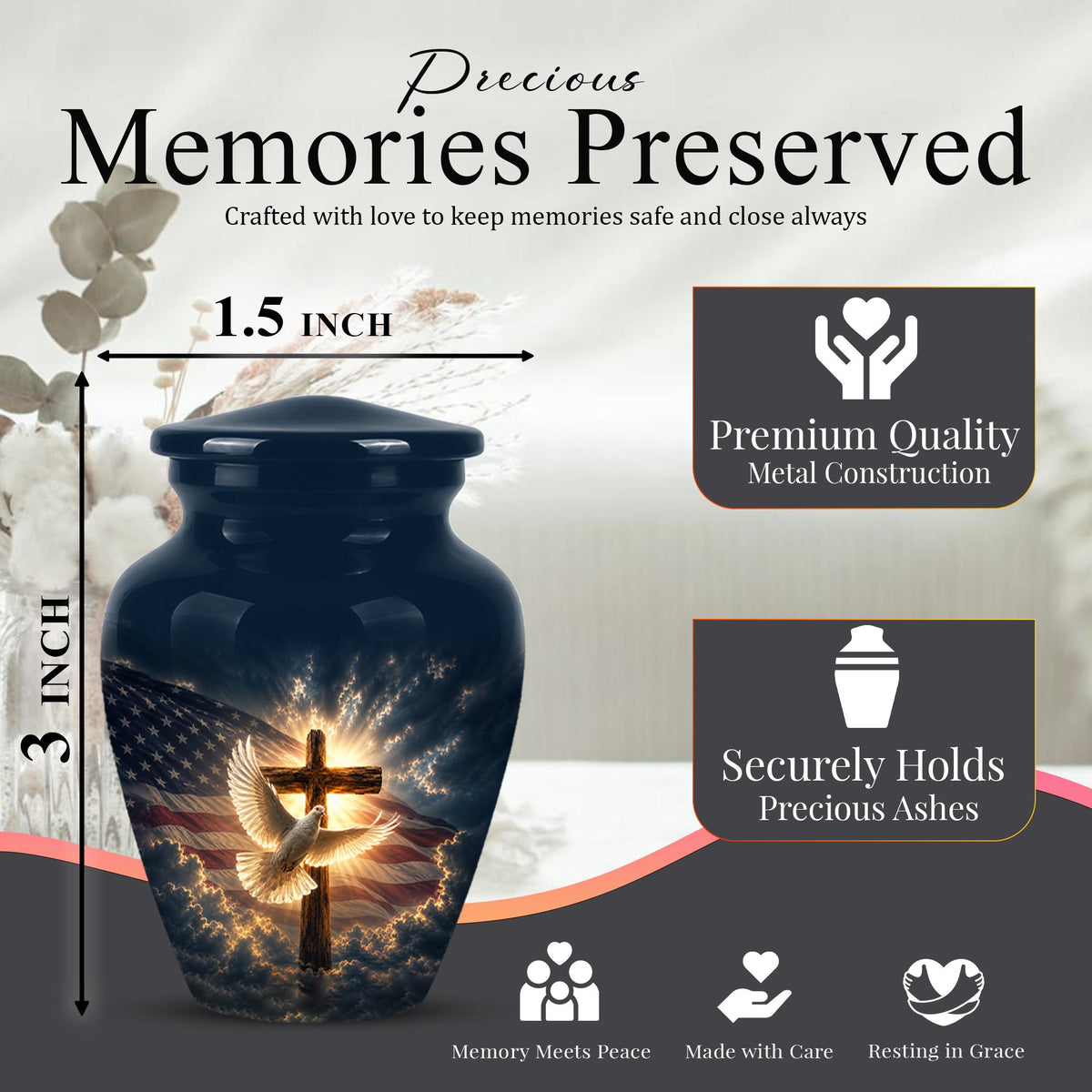 Personalized Christian Cremation Urn, American Flag Cross Memorial Keepsake
