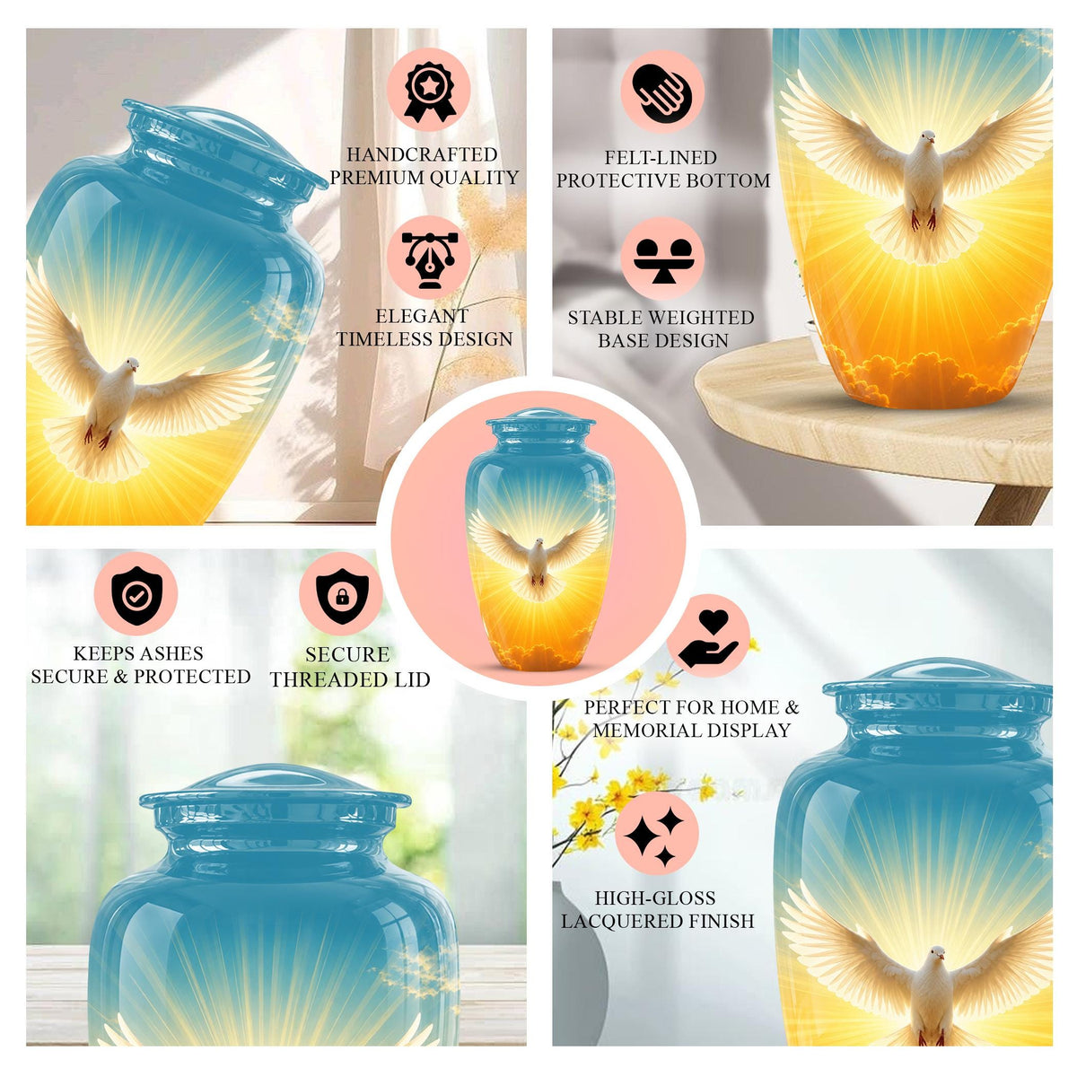Personalized White Dove Cremation Urn for Ashes - Golden Sunset Dove Memorial Urn, Heavenly Light