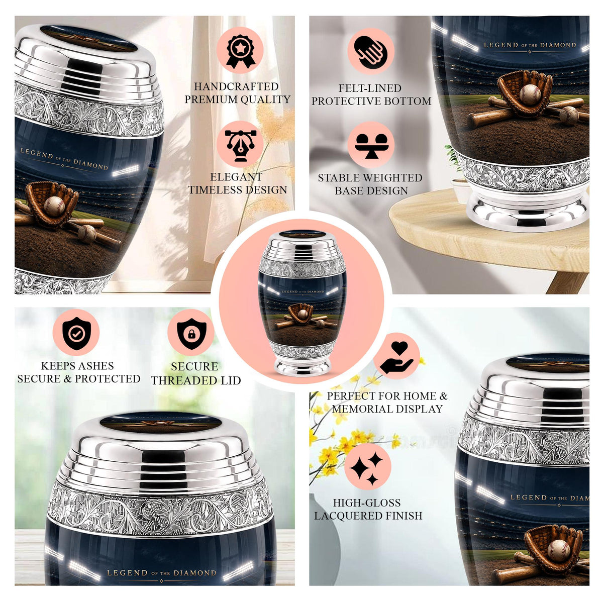 Baseball Cremation Urn for Ashes - Baseball Glove and Bat Memorial Urn
