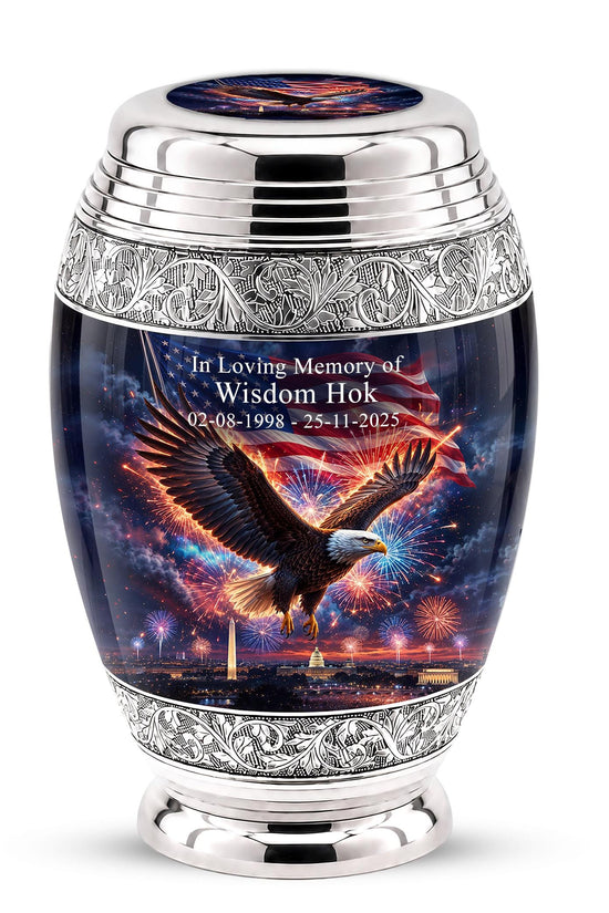 American Flag Eagle Cremation Urn for Ashes - Silver Patriotic Memorial Urn