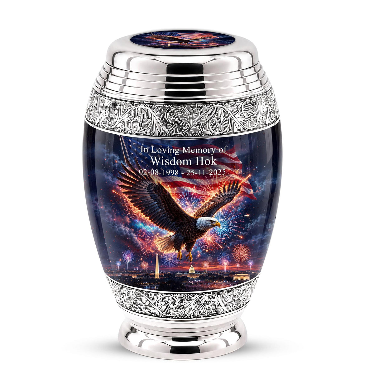 American Flag Eagle Cremation Urn for Ashes - Silver Patriotic Memorial Urn