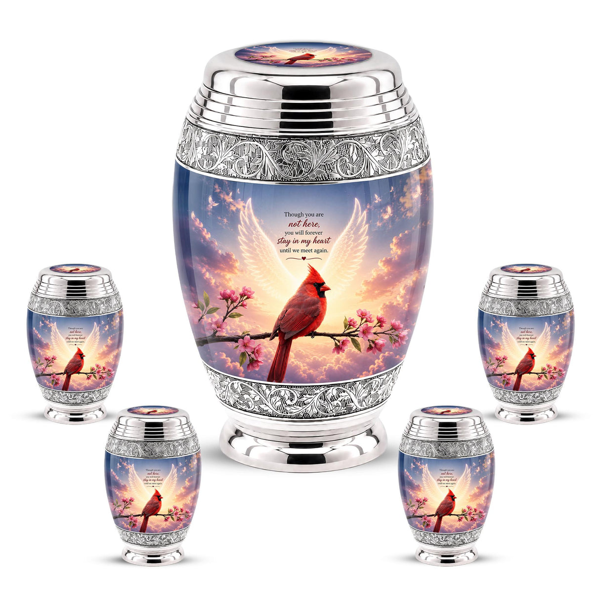 Personalized Cardinal Cremation Urn, Angel Wings - Pink Blossoms, Silver Tone (Custom Engraving)
