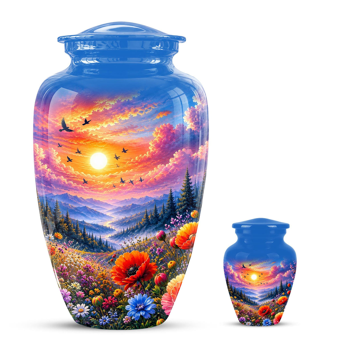 Personalized Wildflower Mountain Sunset Cremation Urn, Nature Memorial Keepsake (200 Cubic)
