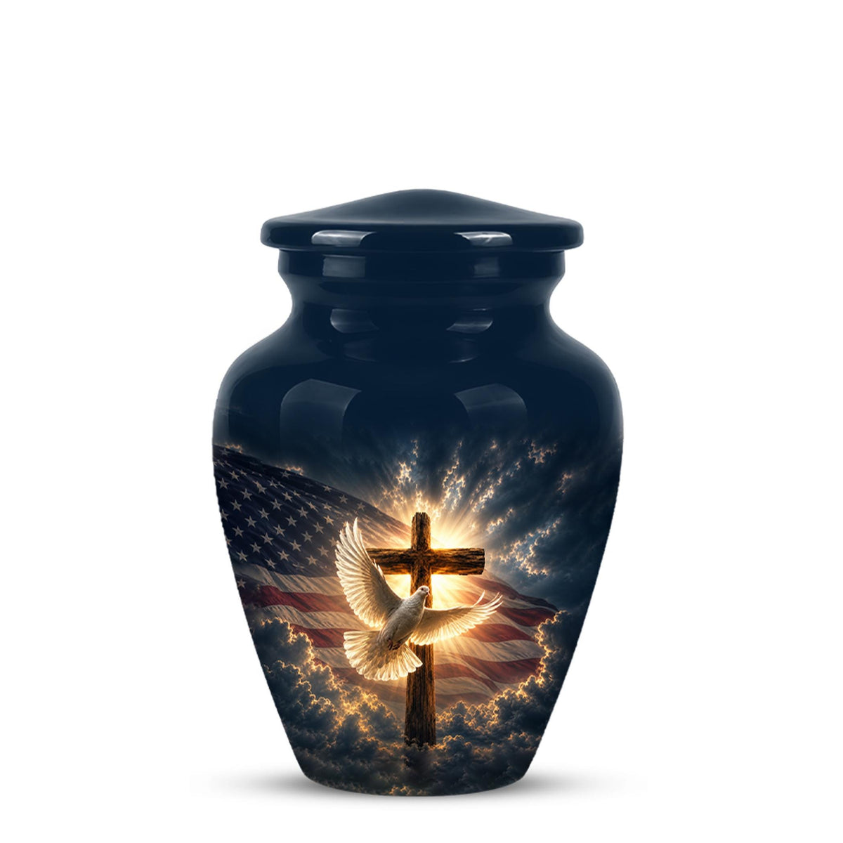 Personalized Christian Cremation Urn, American Flag Cross Memorial Keepsake