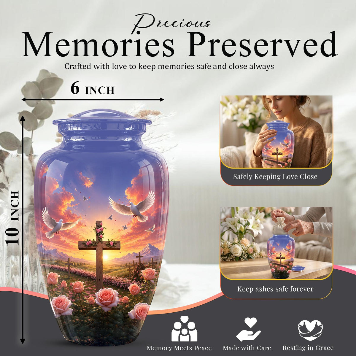 Faith Memorial Ashes Keepsake - Cross Dove Sunset Art