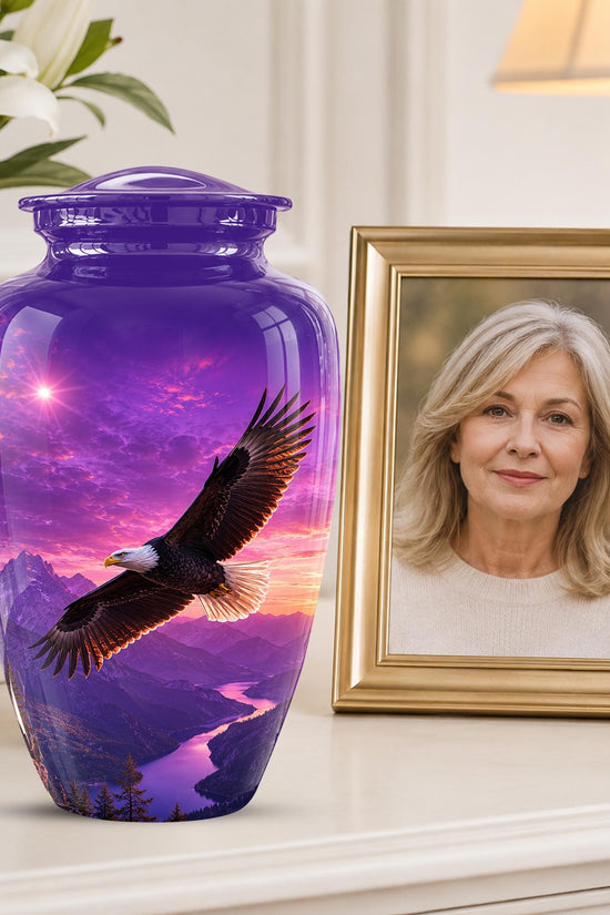 Bald Eagle Cremation Urn for Ashes - Purple Sunset Mountain Memorial Urn