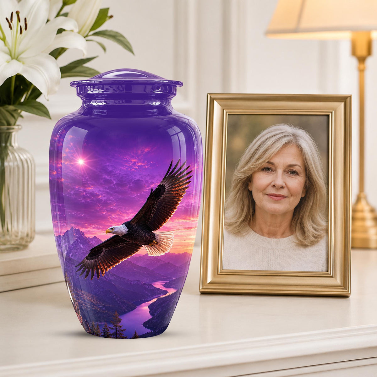 Bald Eagle Cremation Urn for Ashes - Purple Sunset Mountain Memorial Urn