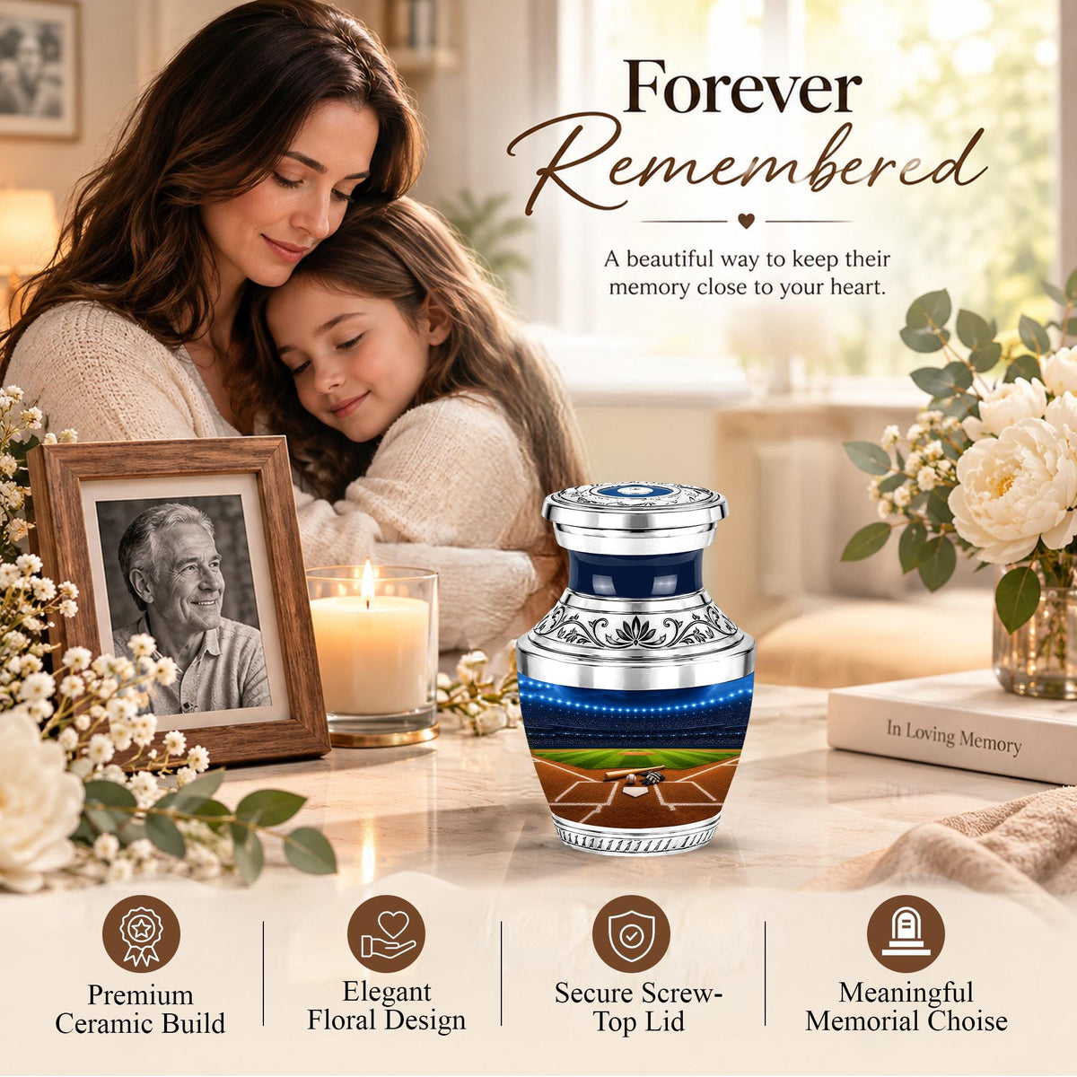 Baseball Cremation Urn for Ashes - Silver Baseball Stadium Memorial Urn