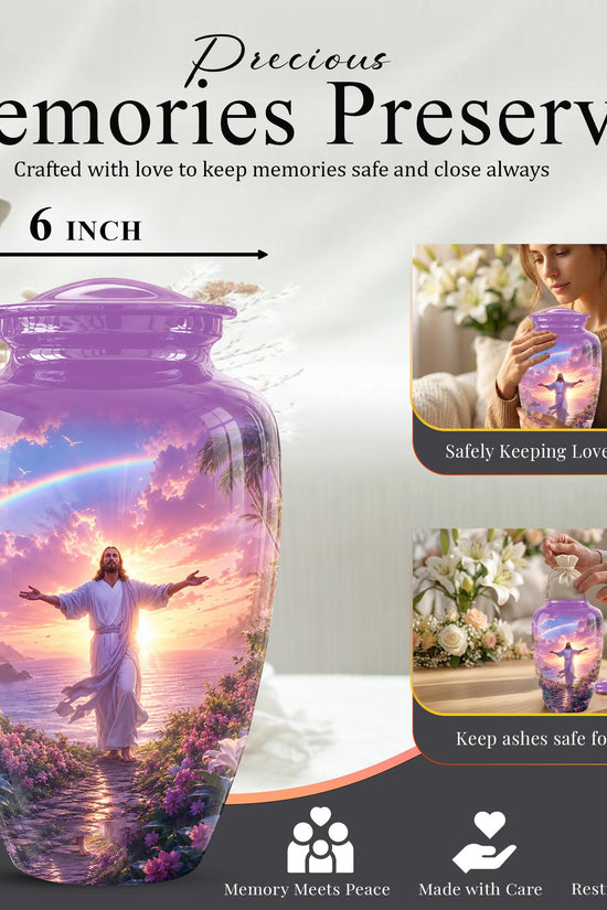 Personalized Jesus Cremation Urn for Ashes Jesus Christ - Rainbow Memorial Urn, Christian Sunset Tribute Urn