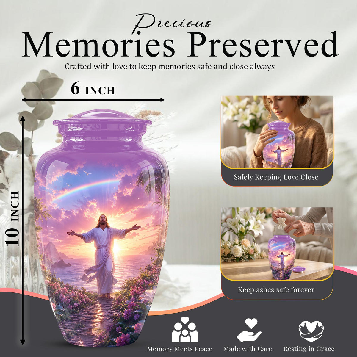 Personalized Jesus Cremation Urn for Ashes Jesus Christ - Rainbow Memorial Urn, Christian Sunset Tribute Urn