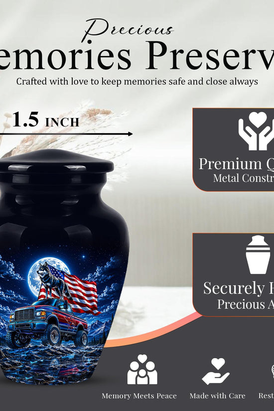 Personalized  Wolf Truck Cremation Urn, Patriotic American Flag Memorial Tribute