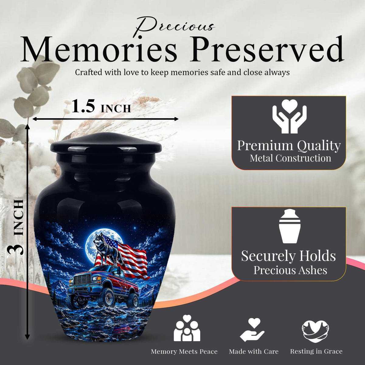 Personalized  Wolf Truck Cremation Urn, Patriotic American Flag Memorial Tribute