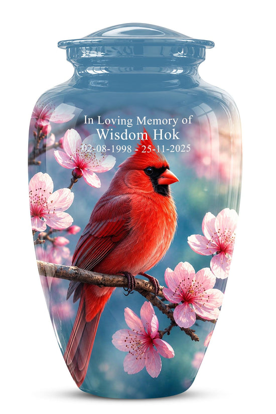 Personalized Cardinal Cherry Blossom Cremation Urn, Memorial Keepsake Urn