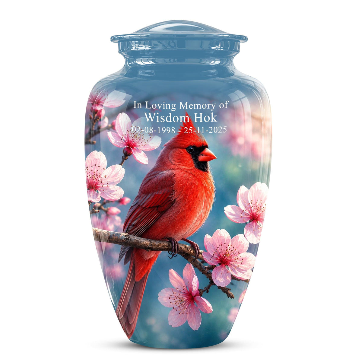 Personalized Cardinal Cherry Blossom Cremation Urn, Memorial Keepsake Urn