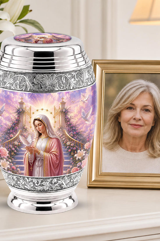 Personalized Mother Mary Cremation Urn, Catholic Memorial Ashes, Religious Funeral Urn