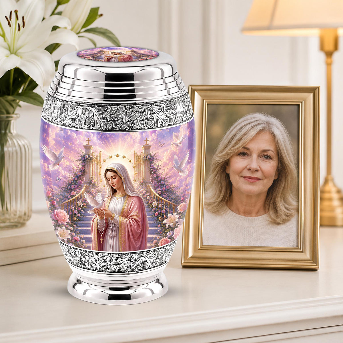 Personalized Mother Mary Cremation Urn, Catholic Memorial Ashes, Religious Funeral Urn
