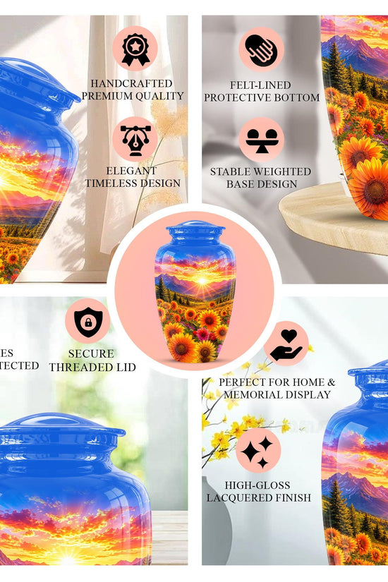 Personalized Sunflower Mountain Sunset Cremation Urn, Scenic Memorial Keepsake