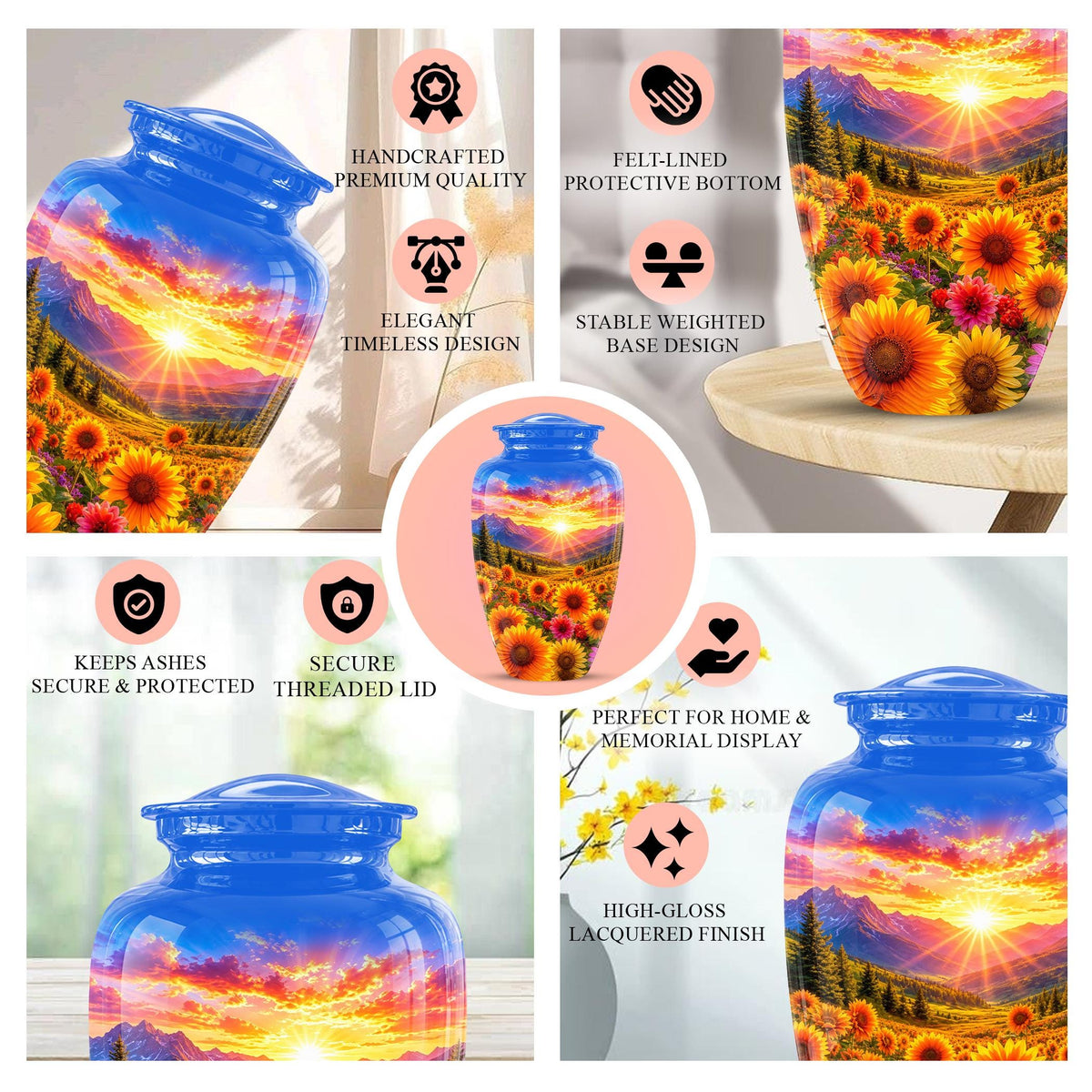 Personalized Sunflower Mountain Sunset Cremation Urn, Scenic Memorial Keepsake