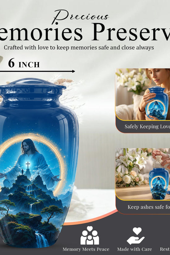Personalized Jesus Cremation Urn for Ashes, Jesus Christ Mountain Memorial Urn - Christian Religious Tribute Urn, Heavenly Faith Memorial