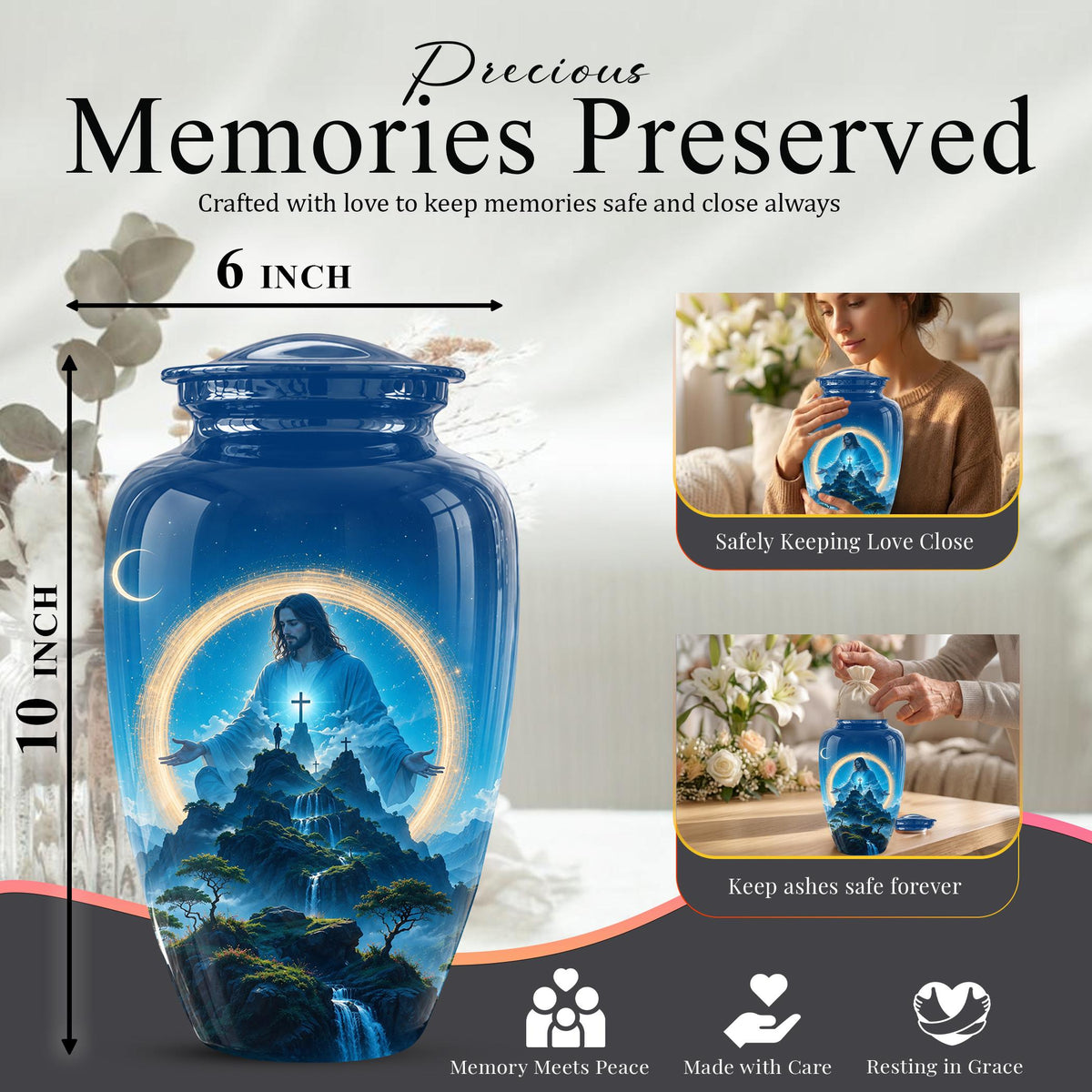 Personalized Jesus Cremation Urn for Ashes, Jesus Christ Mountain Memorial Urn - Christian Religious Tribute Urn, Heavenly Faith Memorial