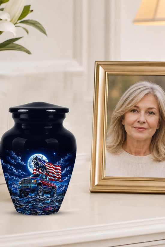 Personalized  Wolf Truck Cremation Urn, Patriotic American Flag Memorial Tribute