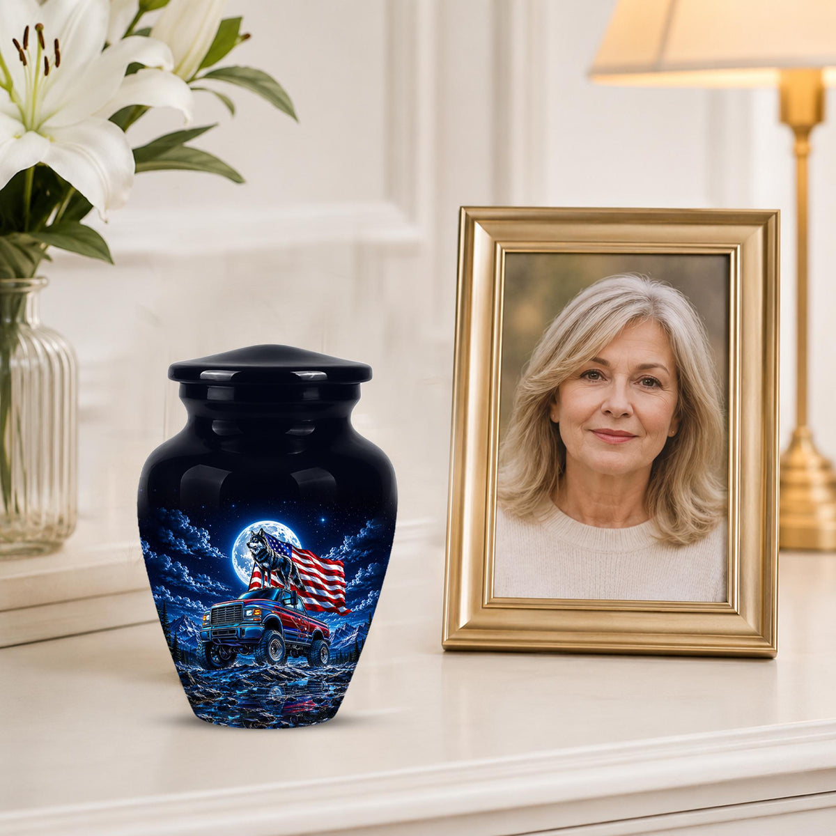 Personalized  Wolf Truck Cremation Urn, Patriotic American Flag Memorial Tribute