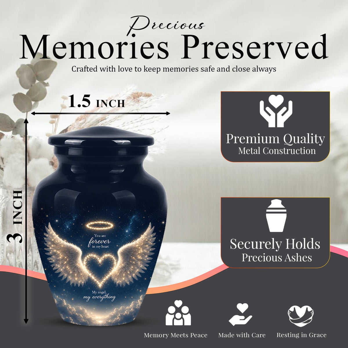 Forever in My Heart Memorial Urn - Personalized Angel Wings Cremation Urn,Custom Remembrance Keepsake
