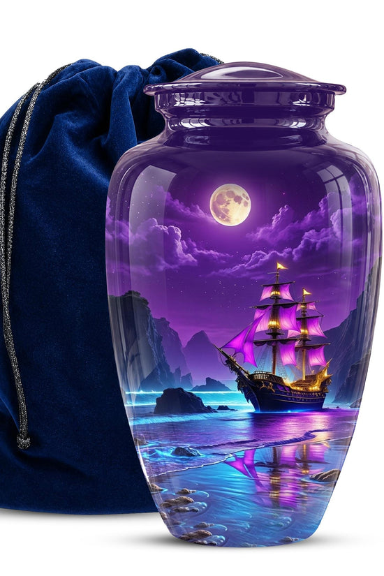 Personalized Pirate Ship Urn, Moonlit Ocean Cremation Memorial Keepsake