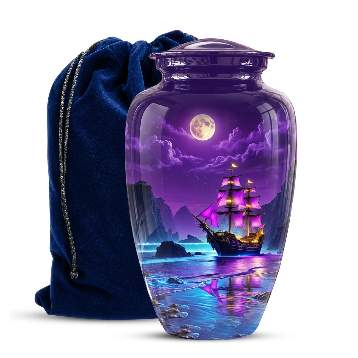 Personalized Pirate Ship Urn, Moonlit Ocean Cremation Memorial Keepsake