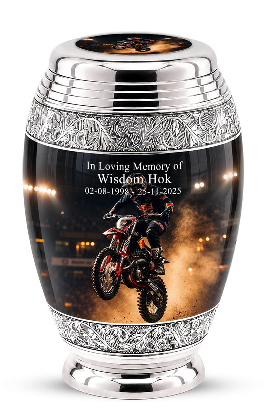 Personalized Motocross Rider Cremation Urn, Glossy Black Finish, Memorial Keepsake