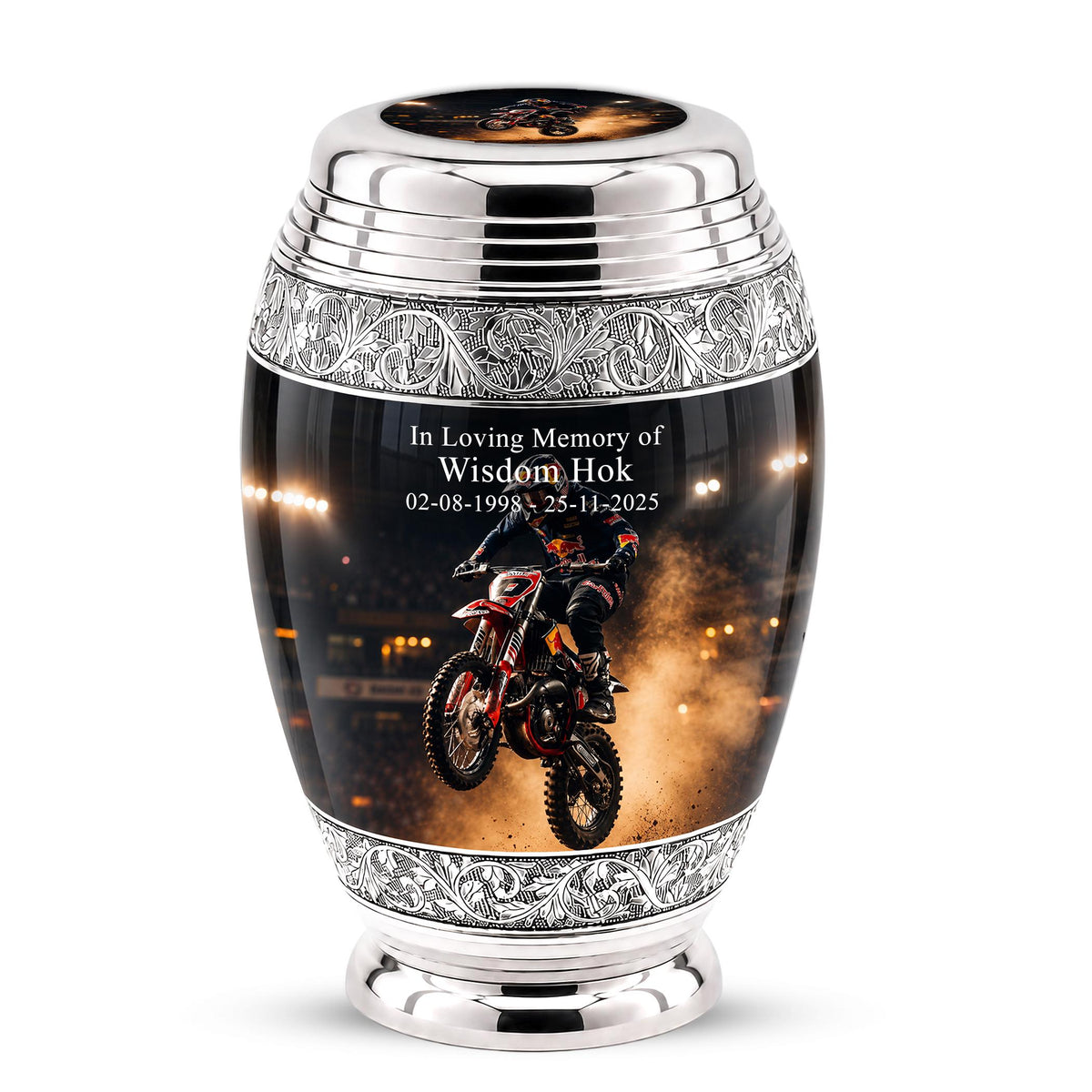Personalized Motocross Rider Cremation Urn, Glossy Black Finish, Memorial Keepsake