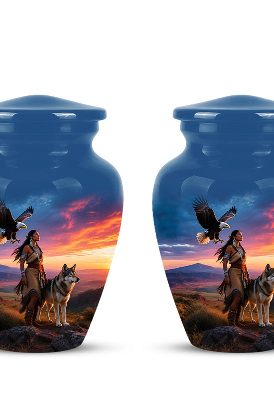 Personalized Native American Cremation Urn for Ashes - Eagle & Wolf Memorial Urn, Custom Human Ashes Urn, Spiritual Funeral Urn