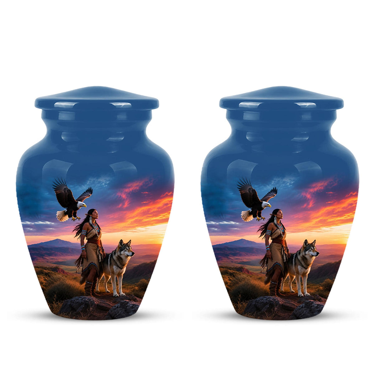 Personalized Native American Cremation Urn for Ashes - Eagle & Wolf Memorial Urn, Custom Human Ashes Urn, Spiritual Funeral Urn