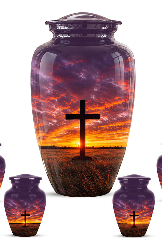 Personalized Cross Cremation Urn, Sunset Memorial Keepsake, Christian Ashes Tribute
