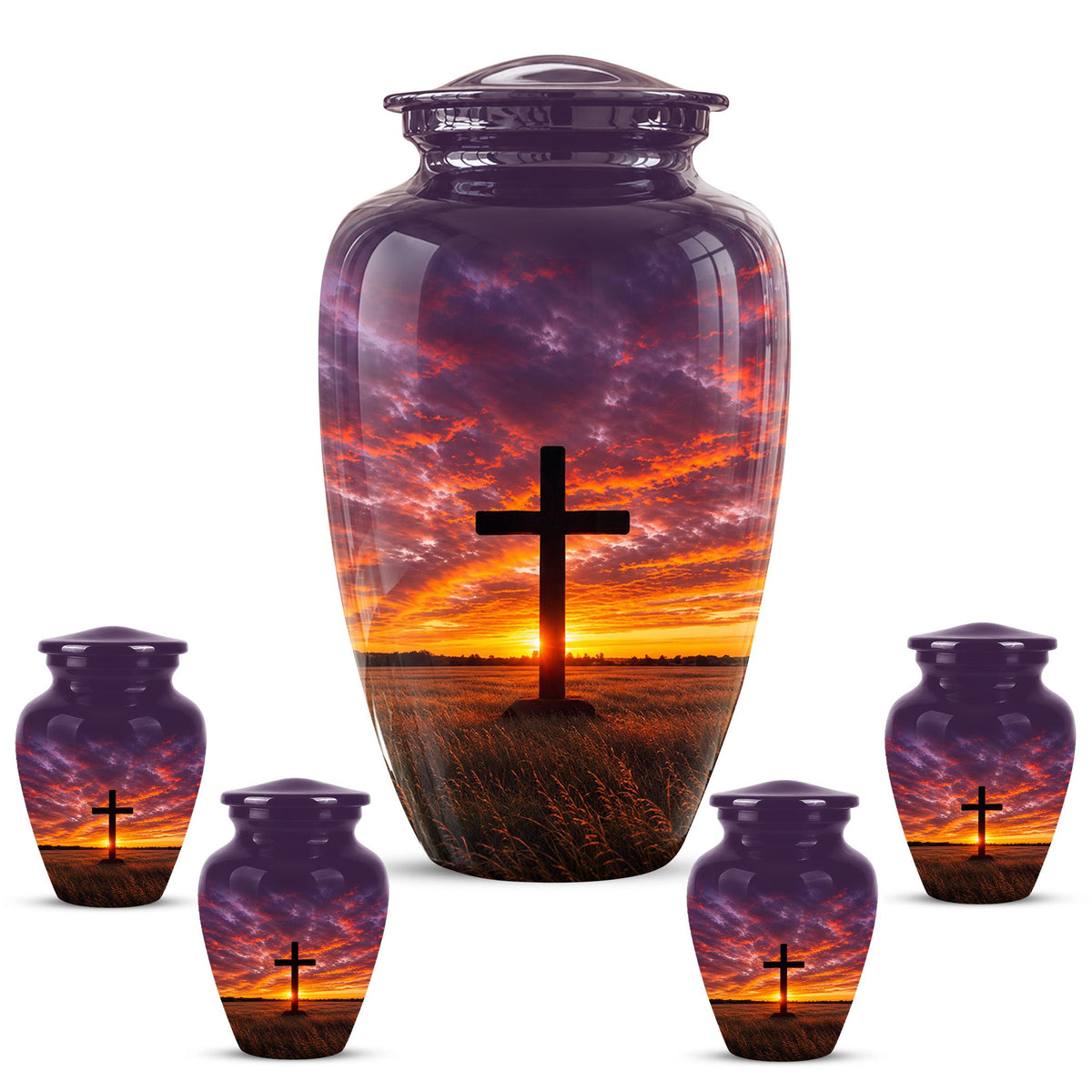 Personalized Cross Cremation Urn, Sunset Memorial Keepsake, Christian Ashes Tribute