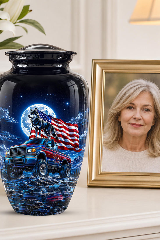 Personalized  Wolf Truck Cremation Urn, Patriotic American Flag Memorial Tribute