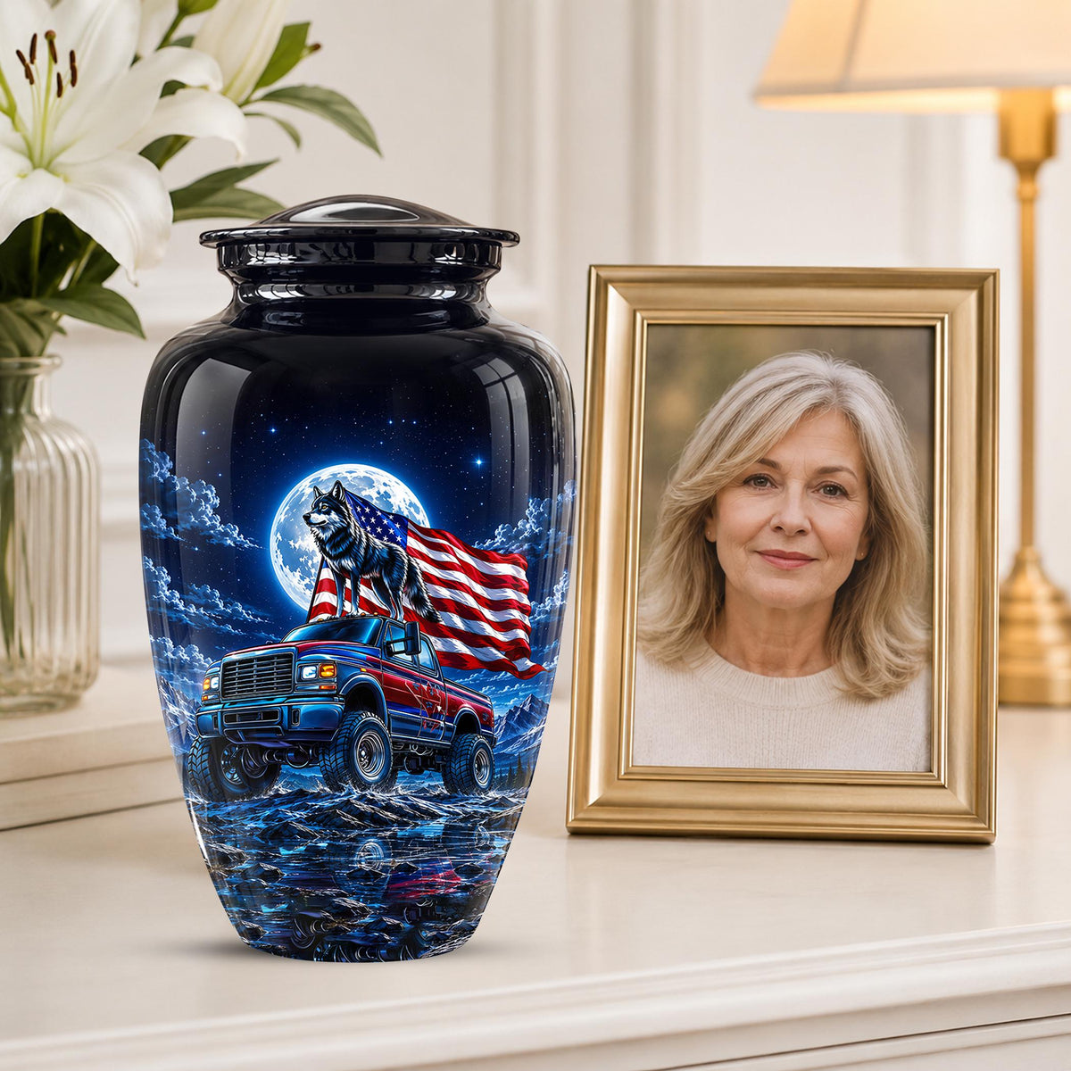 Personalized  Wolf Truck Cremation Urn, Patriotic American Flag Memorial Tribute