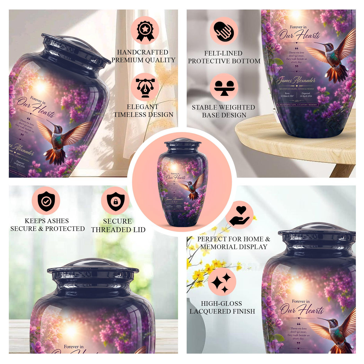 Personalized Hummingbird Cremation Urn - Floral Memorial Tribute for Ashes