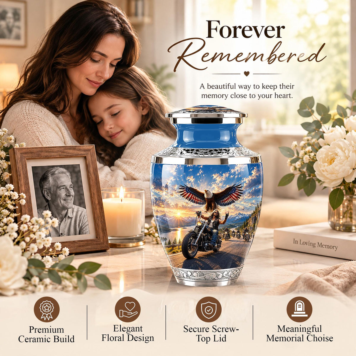 Personalized Motorcycle Cremation Urn, Biker Memorial, Eagle Rider Tribute