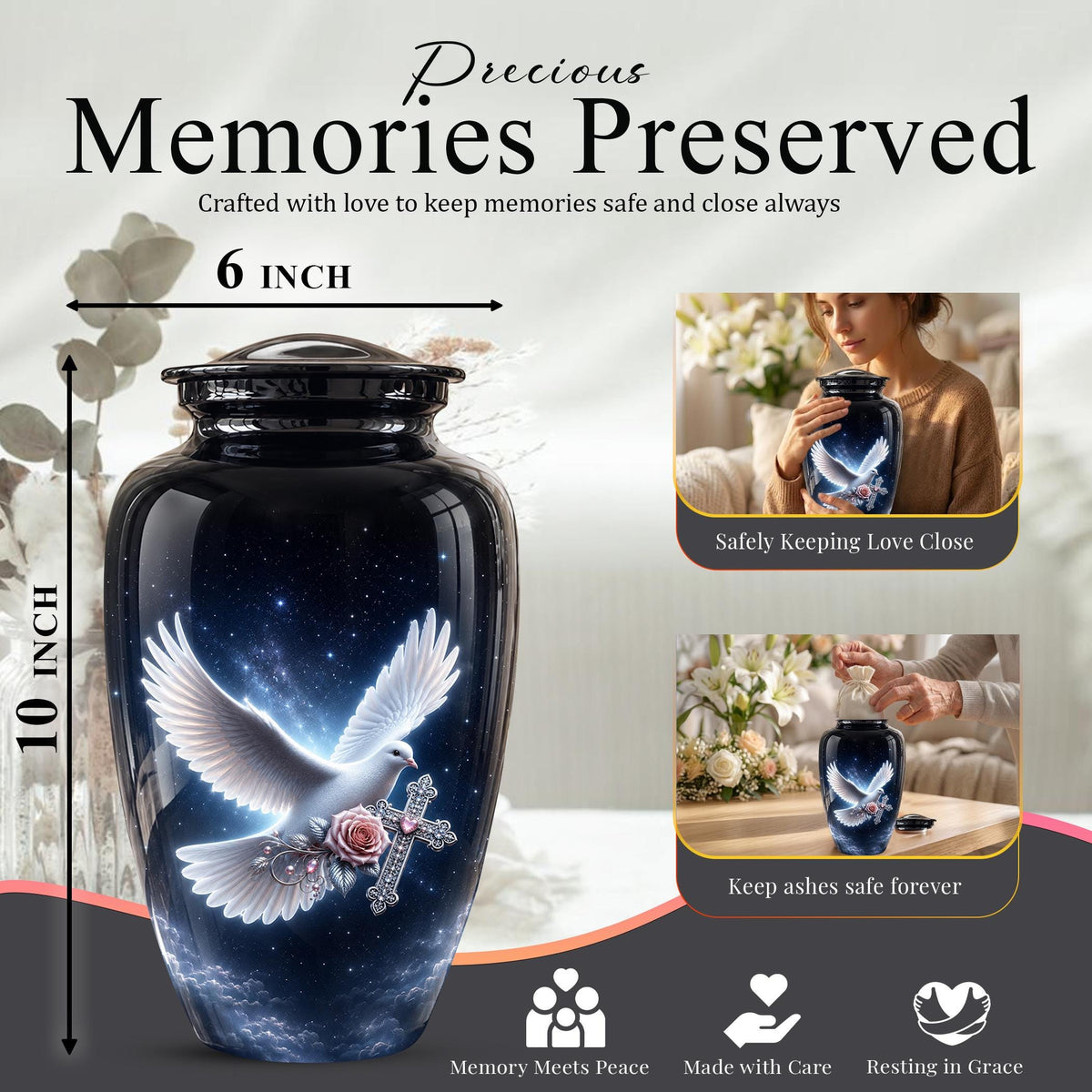 Cremation Urn for Human Ashes | Flying White Dove Memorial Urn - Personalized Adult Urns