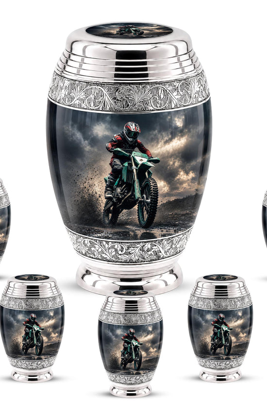 Personalized Motocross Rider Cremation Urn, Glossy Black Finish, Memorial Keepsake