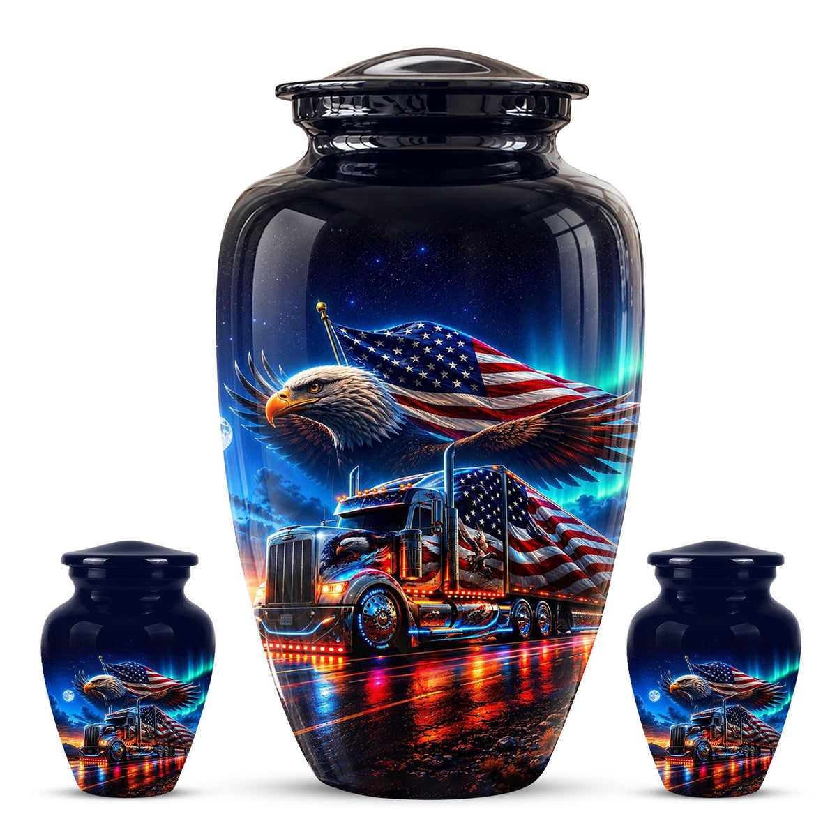 American Flag Truck Cremation Urn for Ashes - Bald Eagle and Semi Truck Memorial Urn