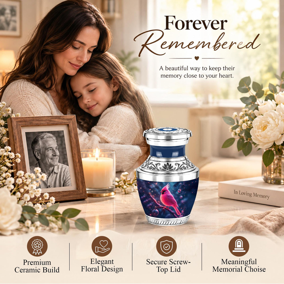 Personalized Cardinal Cremation Urn, Winter Bird Memorial Ashes Urn, Christmas Remembrance Tribute