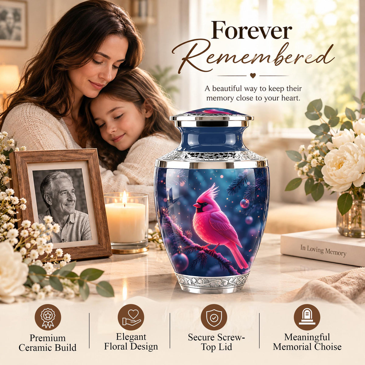 Personalized Cardinal Cremation Urn, Winter Bird Memorial Ashes Urn, Christmas Remembrance Tribute