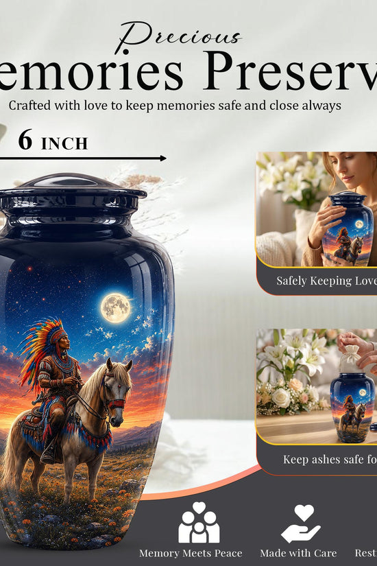 Native American Cremation Urn for Ashes - Western Cowboy Memorial Urn, Horse & Rider Funeral Urn