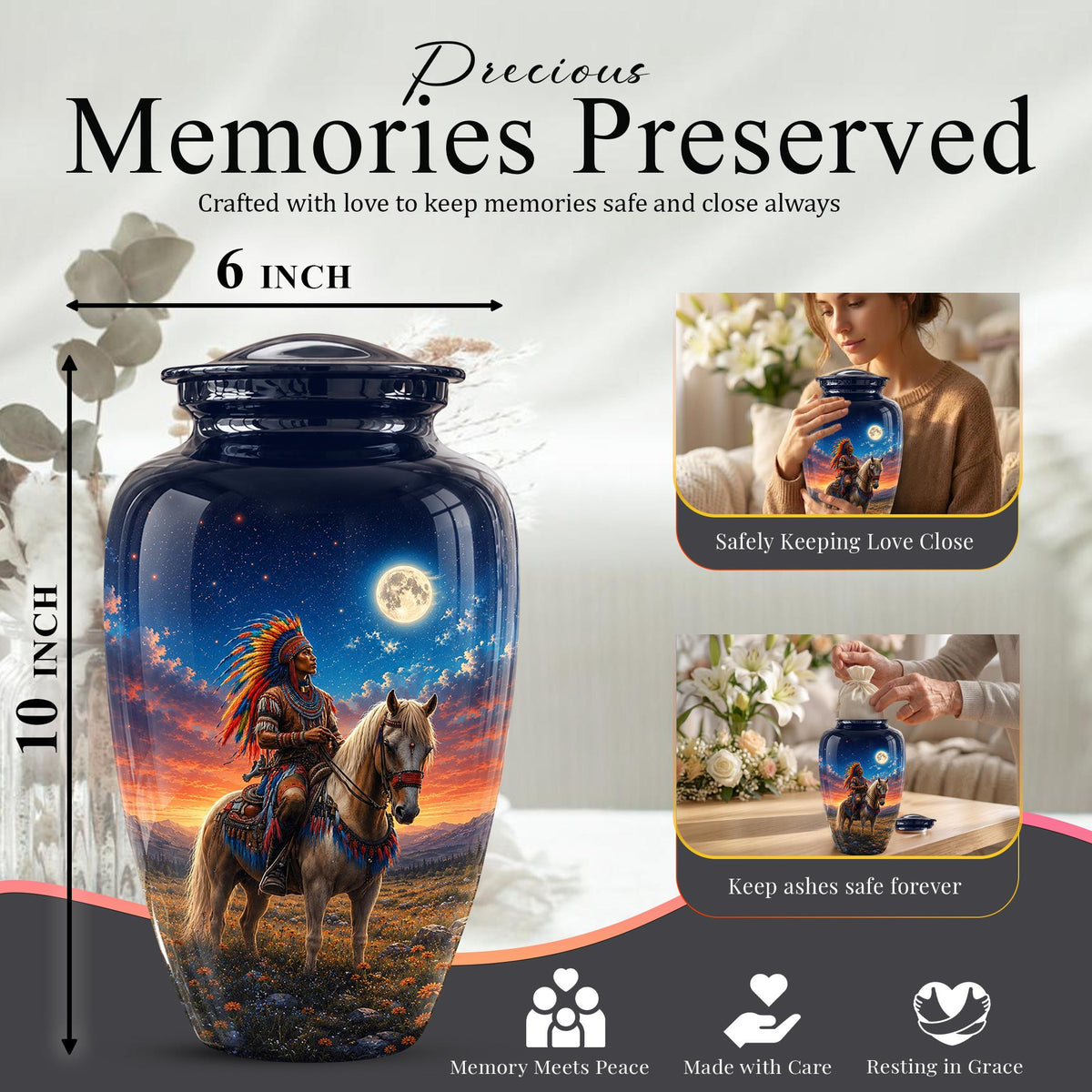 Native American Cremation Urn for Ashes - Western Cowboy Memorial Urn, Horse & Rider Funeral Urn