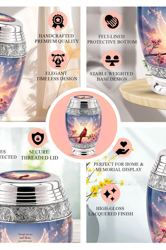 Personalized Cardinal Cremation Urn, Angel Wings - Pink Blossoms, Silver Tone (Custom Engraving)