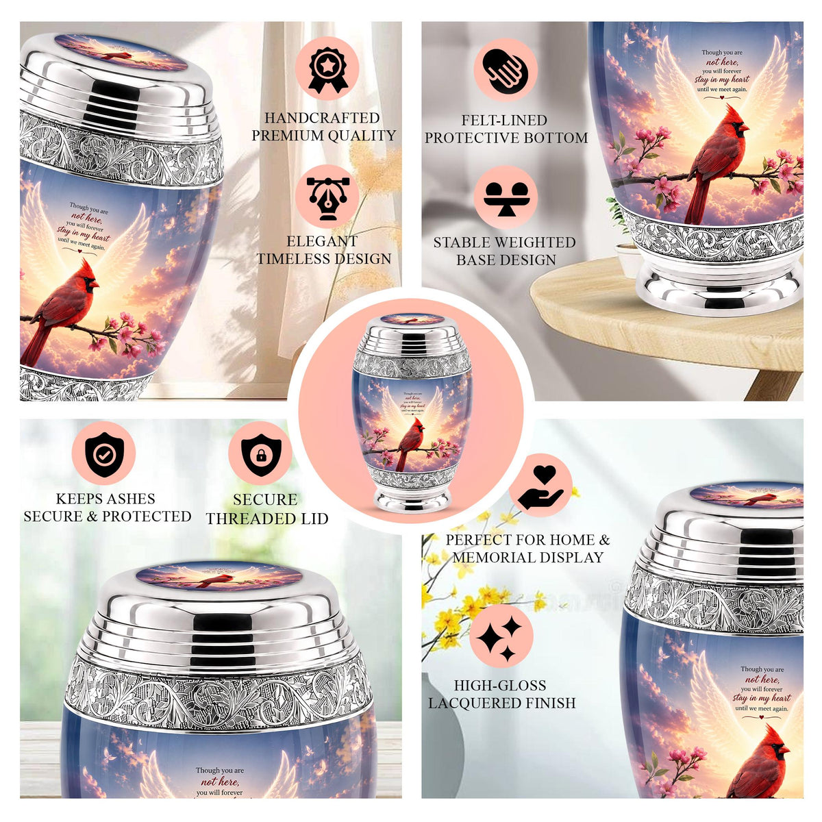Personalized Cardinal Cremation Urn, Angel Wings - Pink Blossoms, Silver Tone (Custom Engraving)