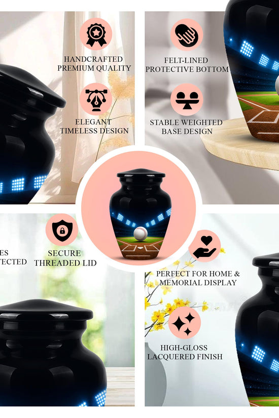 Baseball Cremation Urn for Ashes - Baseball Memorial Urn with Ball and Stadium Lights